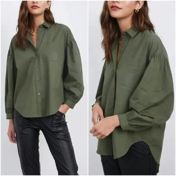 RAILS, Janae Olive Green Button Blouson Sleeve Oversized Shirt Top Size Small - Picture 1 of 13